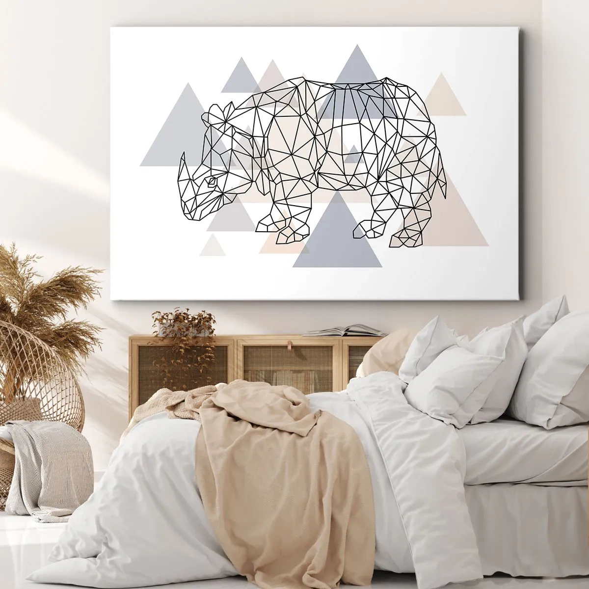 Bild auf Leinwand - Leinwandbild - Geometrisches Nashorn auf einem Hintergrund aus zarten Dreiecken - 70x50cm - Struktur der Stärke - Moderne Wanddekoration für Wohnzimmer und Schlafzimmer ARTTOR