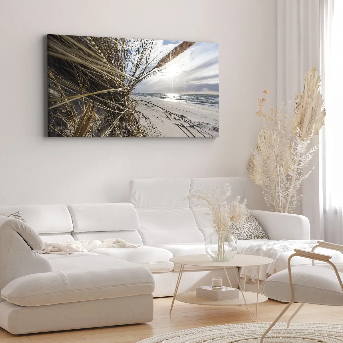 Bild auf Leinwand - Leinwandbild - Ein Strand mit trockenem Gras auf den Dünen und Blick auf das Meer - 140x50cm - Ein Treffen der Elemente der Natur - Moderne Wanddekoration für Wohnzimmer und Schlafzimmer ARTTOR