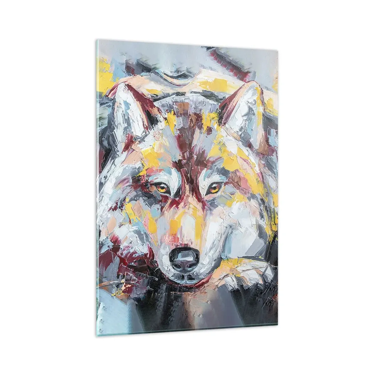 Glasbild - Bild auf glas - Künstlerisches Wolfsportrait in intensiven Farben - 80x120cm - Seelenfrieden unter den Lieben - Moderne Wanddekoration für Wohnzimmer und Schlafzimmer ARTTOR