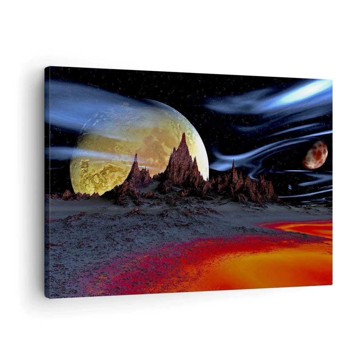Bild auf Leinwand - Leinwandbild - Eine fantastische Landschaft mit Planeten und Vulkanen - 70x50cm - Unbekannte Welt - Moderne Wanddekoration für Wohnzimmer und Schlafzimmer ARTTOR