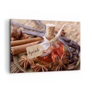Bild auf Leinwand - Leinwandbild - Eine Flasche Gewürzöl auf einem Tablett - 100x70cm - Zur Einheit von Körper und Geist - Moderne Wanddekoration für Wohnzimmer und Schlafzimmer ARTTOR