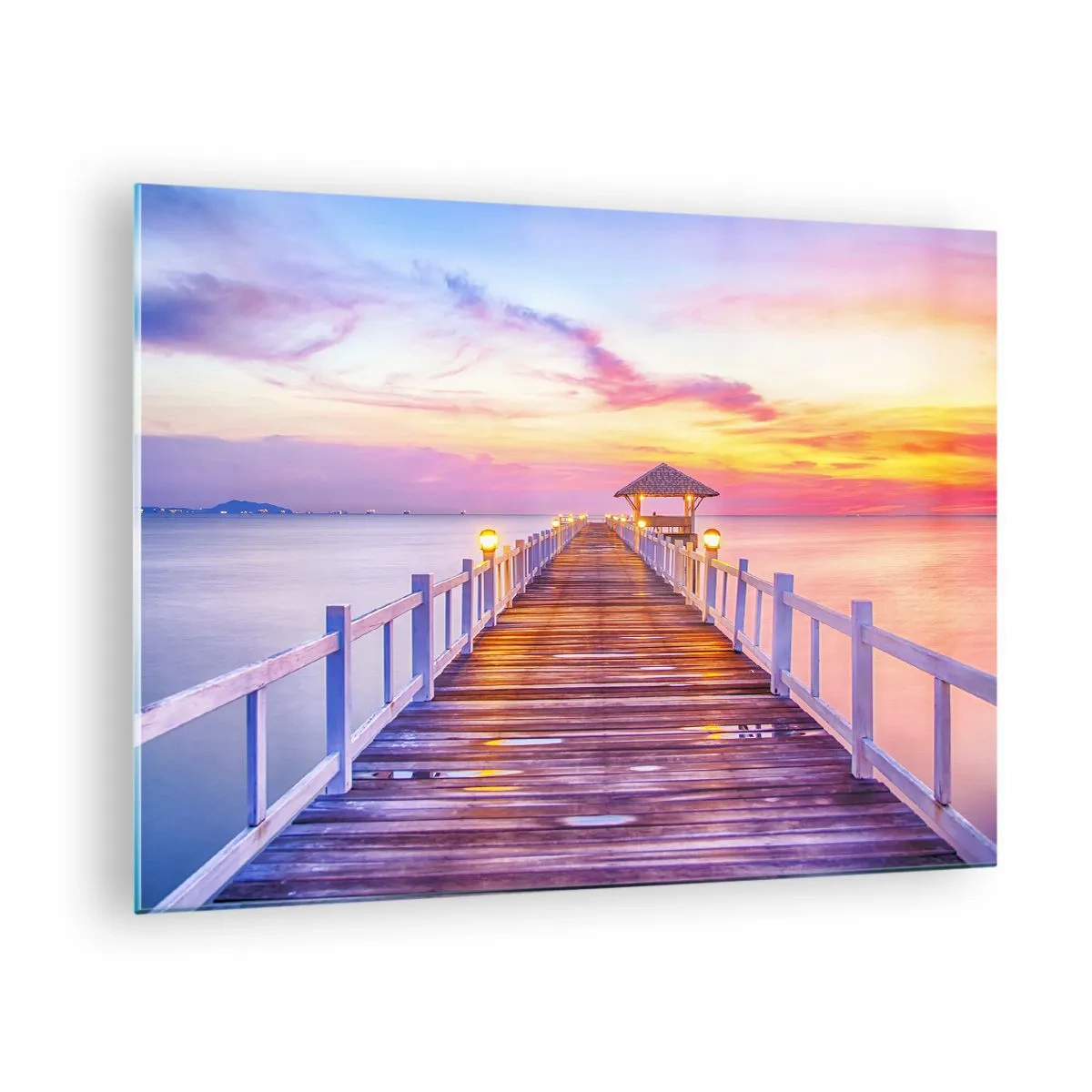 Glasbild - Bild auf glas - Holzsteg bei Sonnenuntergang auf ruhigem Meer - 70x50cm - Die lila-goldene Stille des Abends - Moderne Wanddekoration für Wohnzimmer und Schlafzimmer ARTTOR