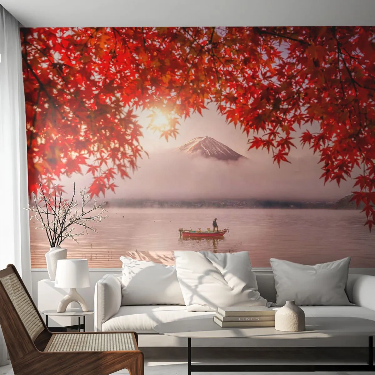 Fototapete Premium Canvas - Ein Boot auf einem See, umgeben von roten Ahornblättern - 100x70cm - Im japanischen Klima - Moderne Wanddekoration für Wohnzimmer und Schlafzimmer ARTTOR
