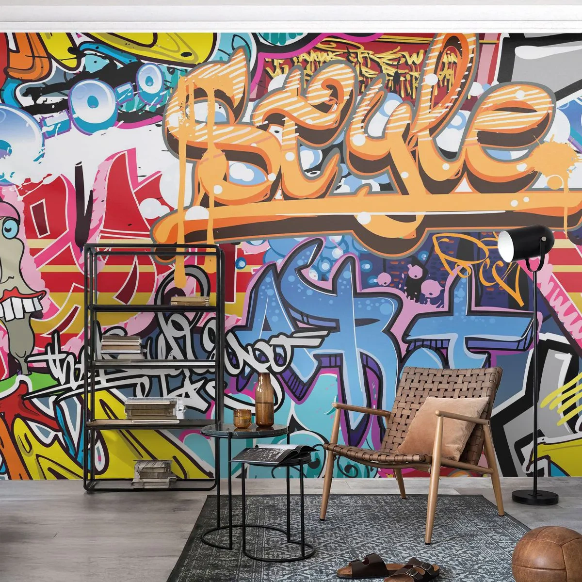 Fototapete Premium Sand - Ein farbenfrohes Graffiti-Wandbild mit dynamischen Schriftzügen - 100x70cm - Wandbilder, Wandbilder, Wandbilder ... - Moderne Wanddekoration für Wohnzimmer und Schlafzimmer ARTTOR