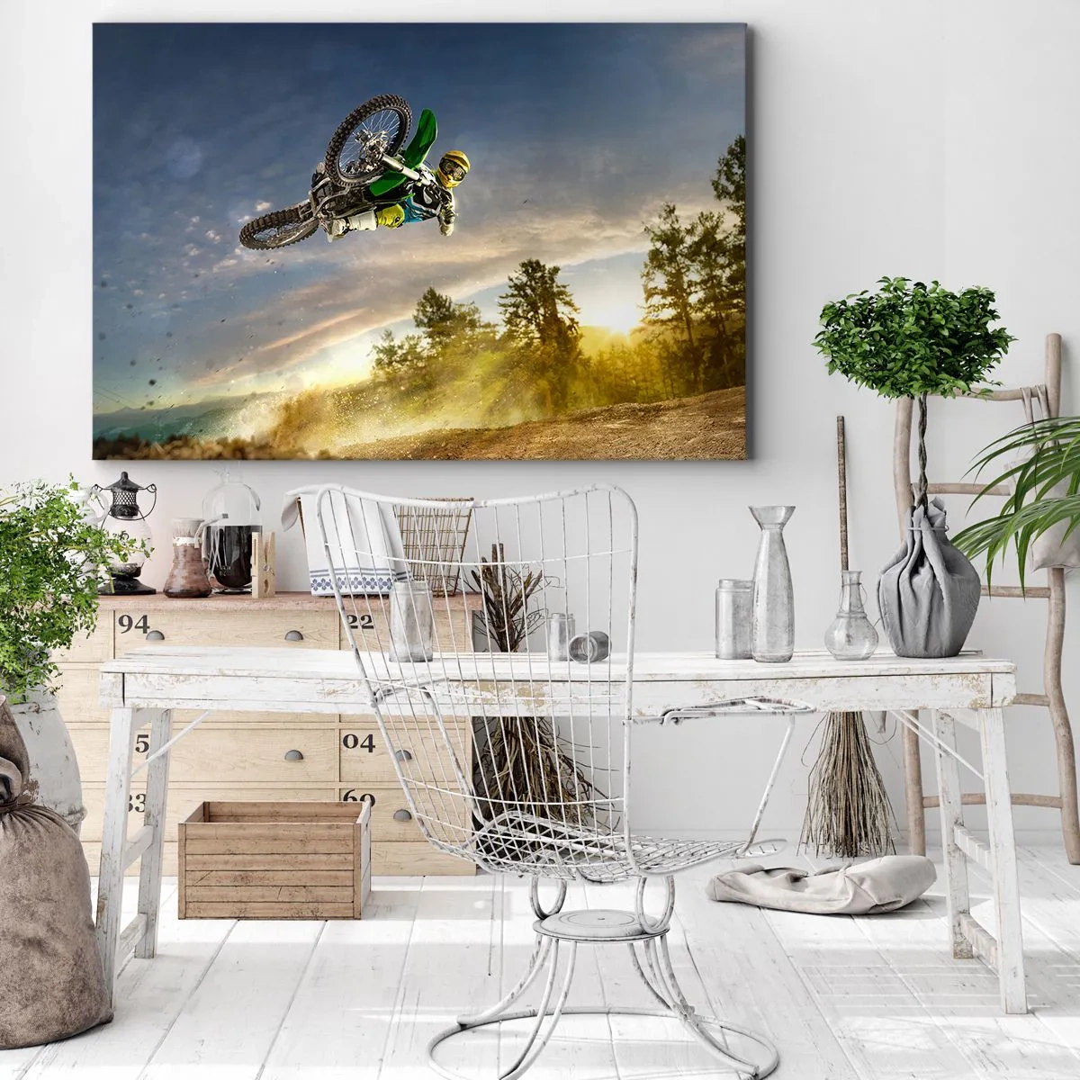 Bild auf Leinwand - Leinwandbild - Motorradfahrer im dynamischen Sprung - 70x50cm - Schalten Sie Emotionen ein! - Moderne Wanddekoration für Wohnzimmer und Schlafzimmer ARTTOR