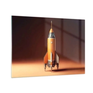 Glasbild - Bild auf glas - Eine orangefarbene Rakete vor einem sanften hellen Hintergrund - 70x50cm - Es beginnt mit einem Traum - Moderne Wanddekoration für Wohnzimmer und Schlafzimmer ARTTOR