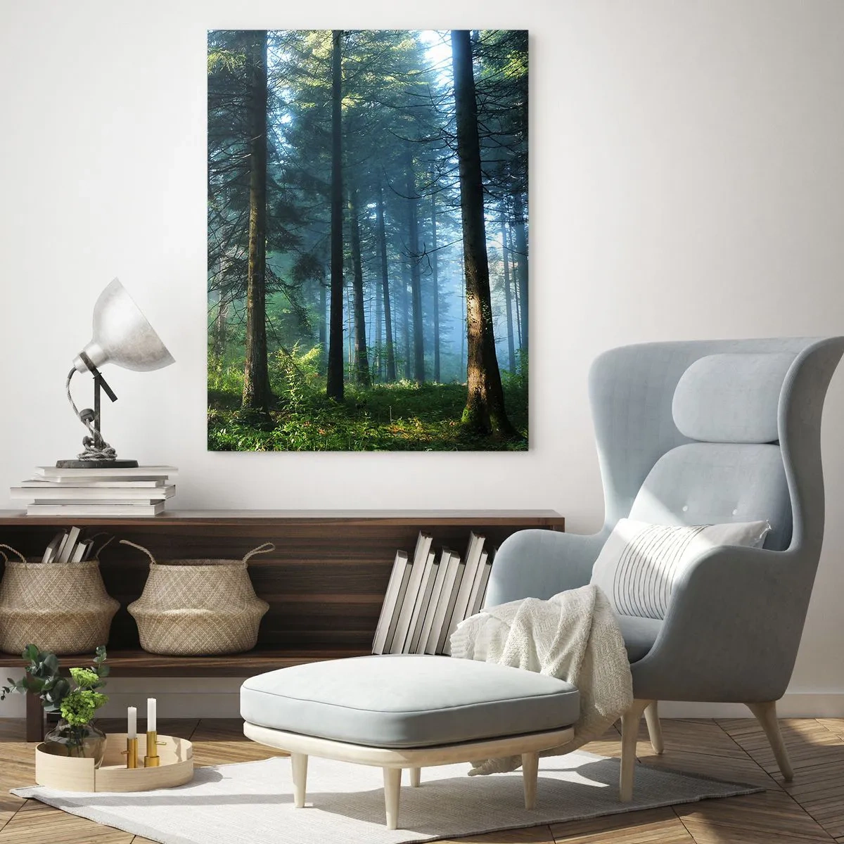 Glasbild - Bild auf glas - Ein Waldweg im Morgennebel zwischen hohen Bäumen - 50x70cm - Strahlend am Morgen - Moderne Wanddekoration für Wohnzimmer und Schlafzimmer ARTTOR