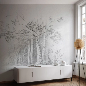 Fototapete Premium Sand - Bleistiftskizze von Birken im Wald - 100x70cm - Das Licht des Birkenwaldes - Moderne Wanddekoration für Wohnzimmer und Schlafzimmer ARTTOR