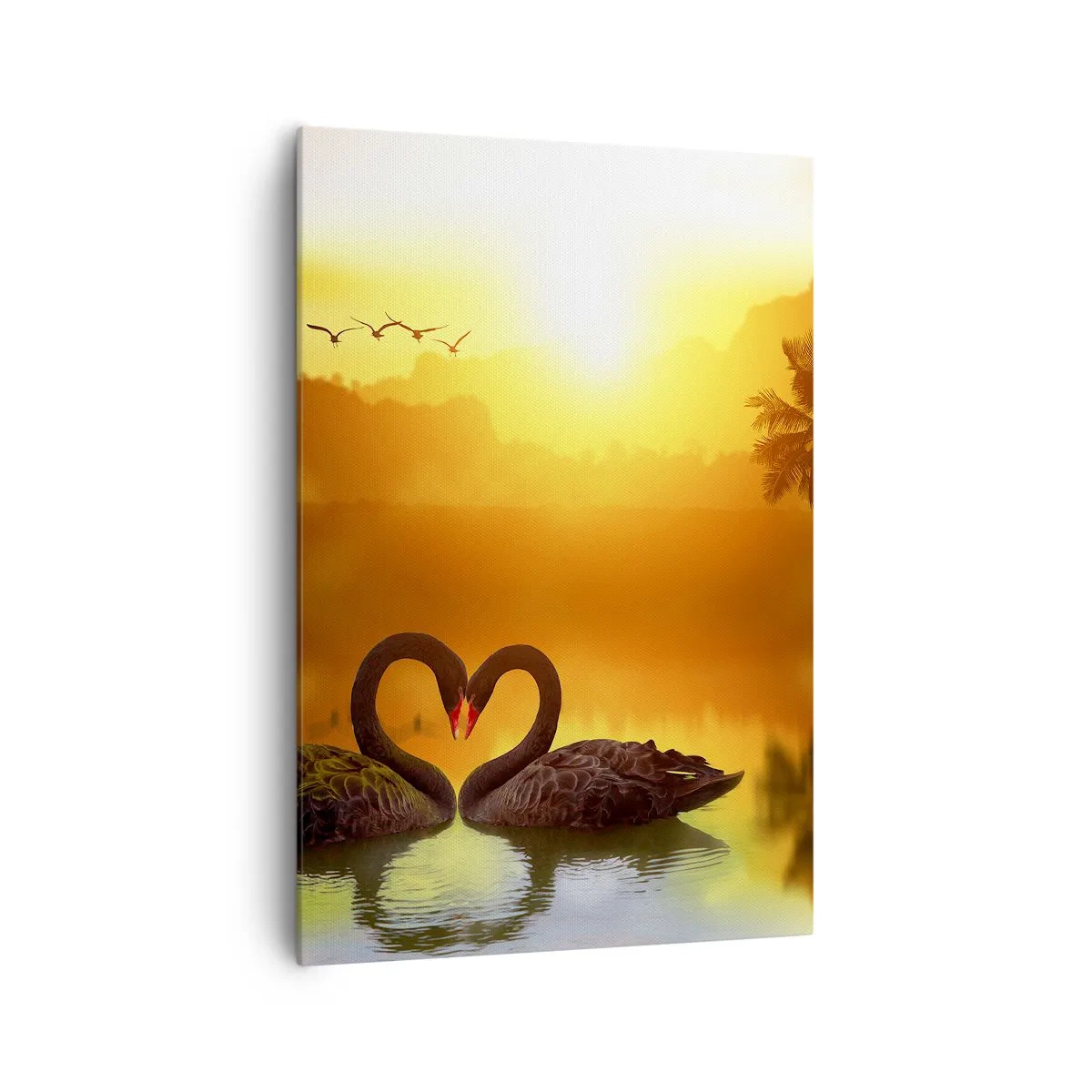 Bild auf Leinwand - Leinwandbild - Zwei schwarze Schwäne bilden ein Herz vor dem Hintergrund eines Sonnenuntergangs am See - 70x100cm - Alles passt zusammen - Moderne Wanddekoration für Wohnzimmer und Schlafzimmer ARTTOR