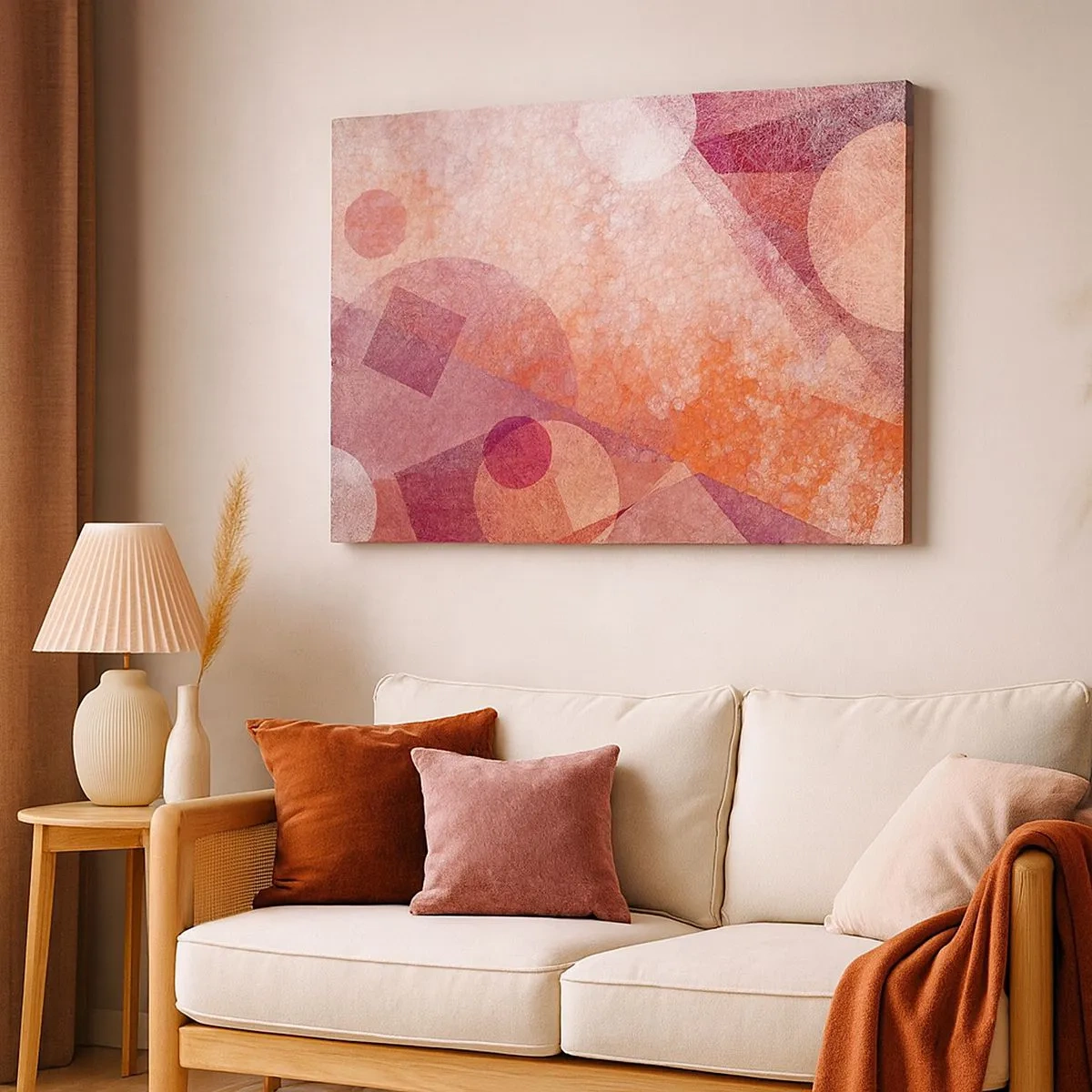 Bild auf Leinwand - Leinwandbild - Abstrakte geometrische Formen in Pastelltönen von Rosa - 70x50cm - Geometrische Transformationen in Pink - Moderne Wanddekoration für Wohnzimmer und Schlafzimmer ARTTOR