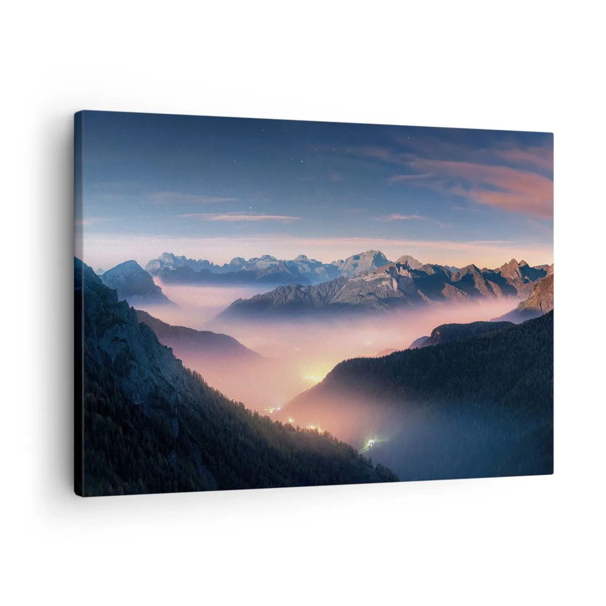 Bild auf Leinwand - Leinwandbild - Eine Berglandschaft mit einem nebelverhangenen Tal - 70x50cm - Licht in den Tälern - Moderne Wanddekoration für Wohnzimmer und Schlafzimmer ARTTOR