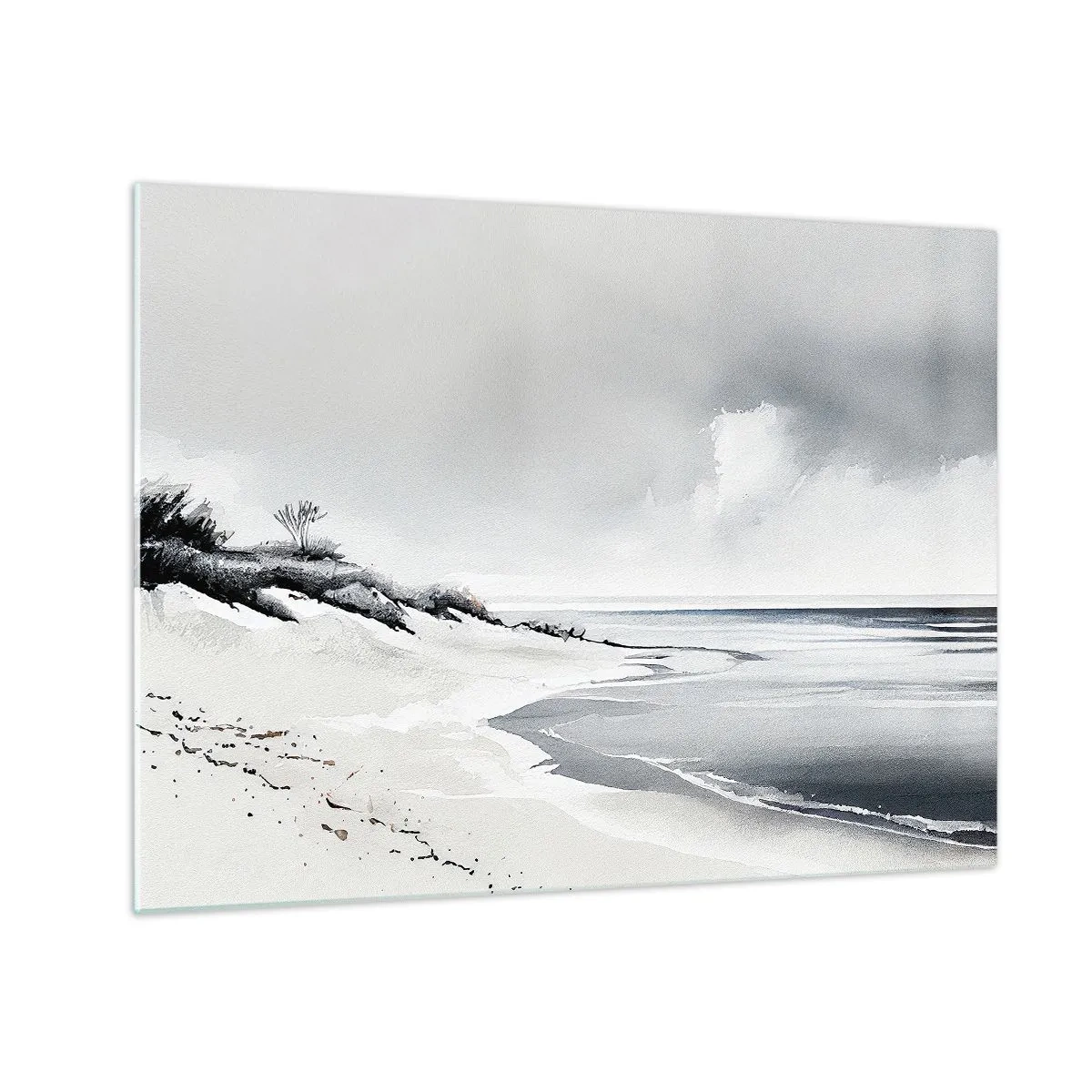Glasbild - Bild auf glas - Schwarz-weißer Strand mit Horizont und ruhigem Meer - 70x50cm - Für immer zusammen - Moderne Wanddekoration für Wohnzimmer und Schlafzimmer ARTTOR