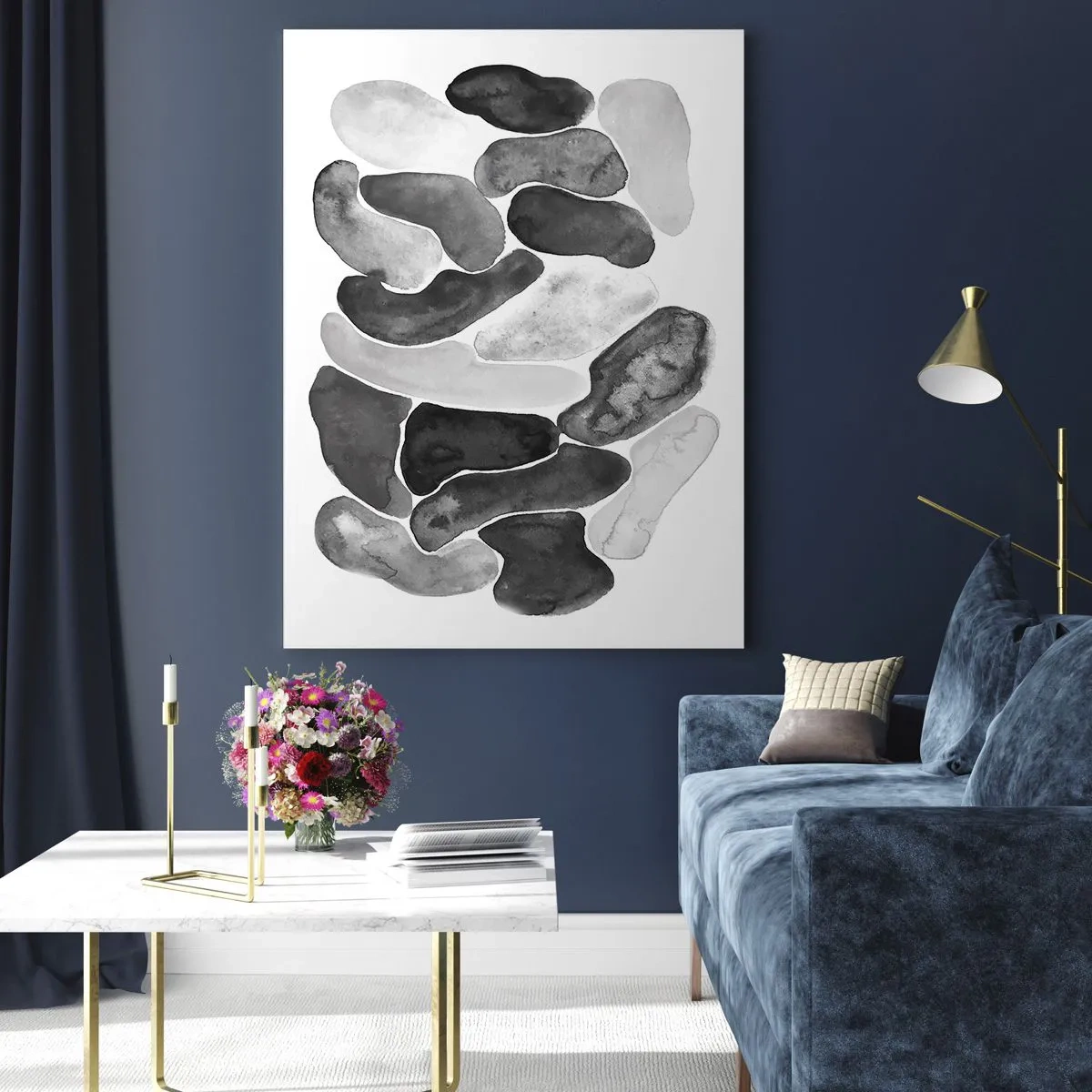 Glasbild - Bild auf glas - Eine schwarz-weiße Komposition aus abstrakten Formen, die Steinen ähneln. - 50x70cm - Felsige Abstraktion - Moderne Wanddekoration für Wohnzimmer und Schlafzimmer ARTTOR