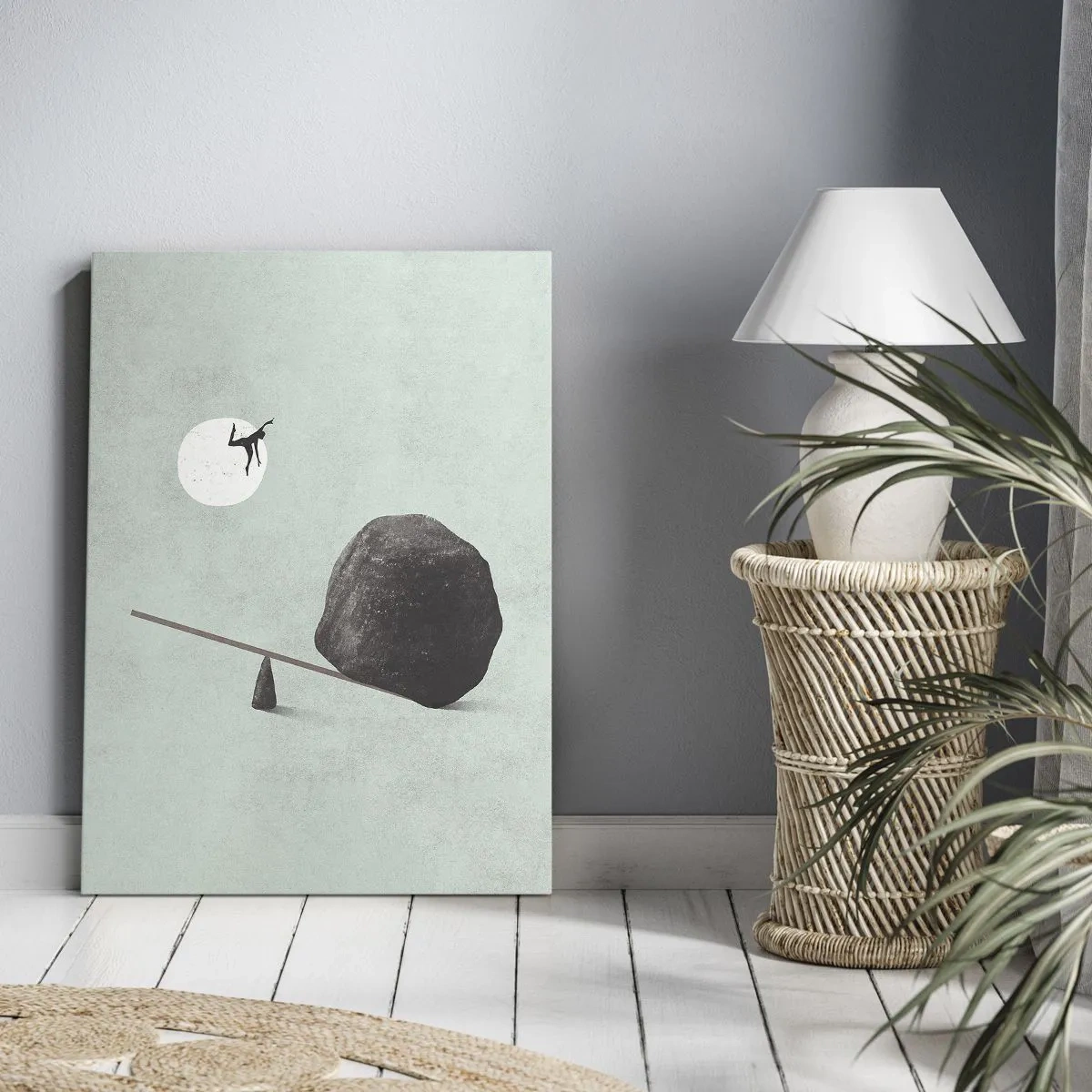 Bild auf Leinwand - Leinwandbild - Eine symbolische Szene mit einer Figur und einem Gleichgewicht vor einem hellen Himmel. - 70x100cm - Erfüllte Träume - Moderne Wanddekoration für Wohnzimmer und Schlafzimmer ARTTOR