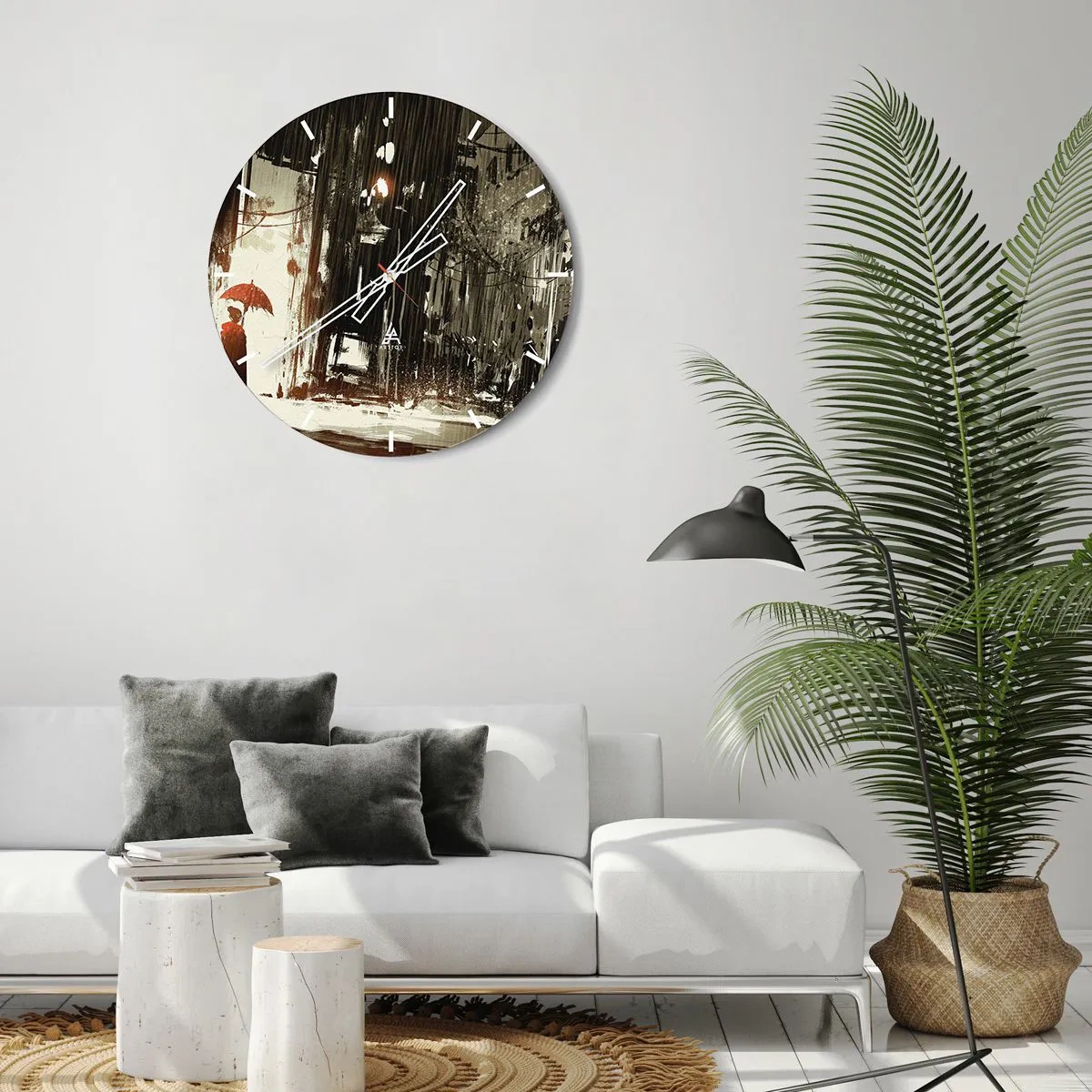 Wanduhr - Glasuhr - Eine Szene mit einem Regenschirm vor dem Hintergrund einer verregneten Straße - 30x30cm - Die Poesie des roten Regenschirms - Moderne Wanddekoration für Wohnzimmer, Küche und Schlafzimmer ARTTOR