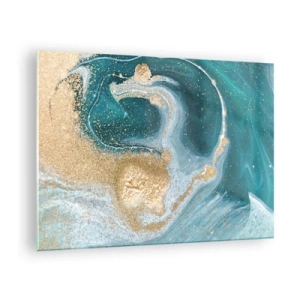 Glasbild - Bild auf glas - Gold auf türkisfarbenen Wellen im abstrakten Stil - 70x50cm - Ein Strudel aus Gold und Türkis - Moderne Wanddekoration für Wohnzimmer und Schlafzimmer ARTTOR