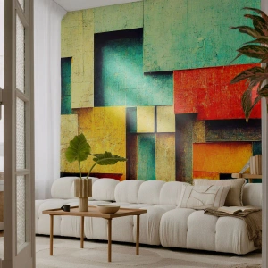Fototapete Premium Sand - Bunte geometrische Komposition aus Rechtecken - 100x70cm - Festival der rechten Winkel - Moderne Wanddekoration für Wohnzimmer und Schlafzimmer ARTTOR