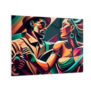 Glasbild - Bild auf glas - Ein farbenfrohes Paar tanzt im Art-Deco-Stil mit dynamischem Ausdruck. - 70x50cm - Im Rhythmus des Herzens - Moderne Wanddekoration für Wohnzimmer und Schlafzimmer ARTTOR