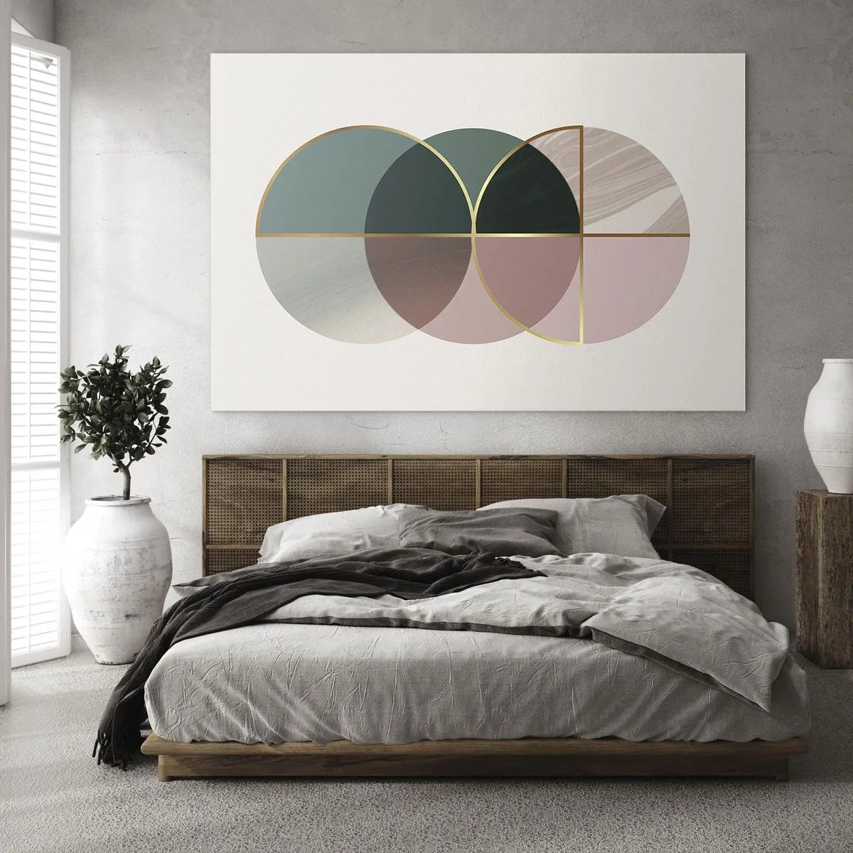 Glasbild - Bild auf glas - Geometrische Formen in Grün- und Rosatönen auf hellem Hintergrund - 70x50cm - Ein Rad hinter dem anderen… - Moderne Wanddekoration für Wohnzimmer und Schlafzimmer ARTTOR