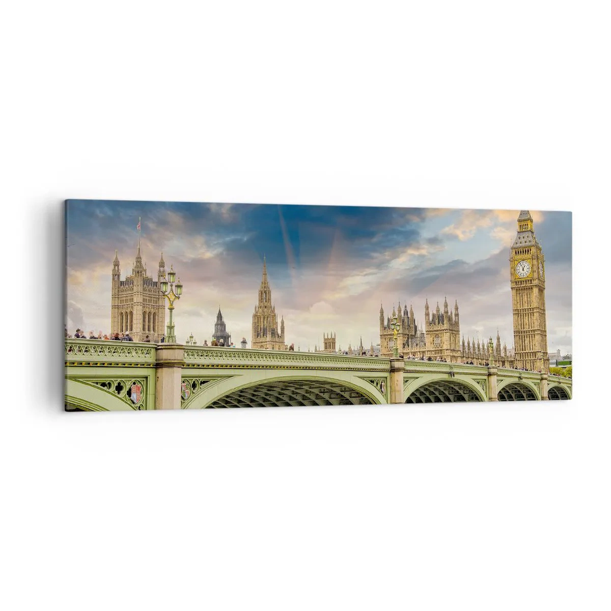 Bild auf Leinwand - Leinwandbild - Big Ben und Westminster Bridge gegen den Himmel in der Abenddämmerung - 140x50cm - Im Imperium ist die Zeit stehen geblieben - Moderne Wanddekoration für Wohnzimmer und Schlafzimmer ARTTOR