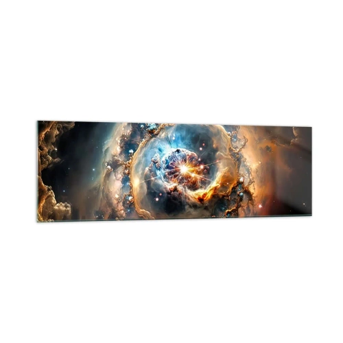Glasbild - Bild auf glas - Eine abstrakte Vision einer kosmischen Explosion in Gold- und Blautönen. - 160x50cm - Anfang - Moderne Wanddekoration für Wohnzimmer und Schlafzimmer ARTTOR