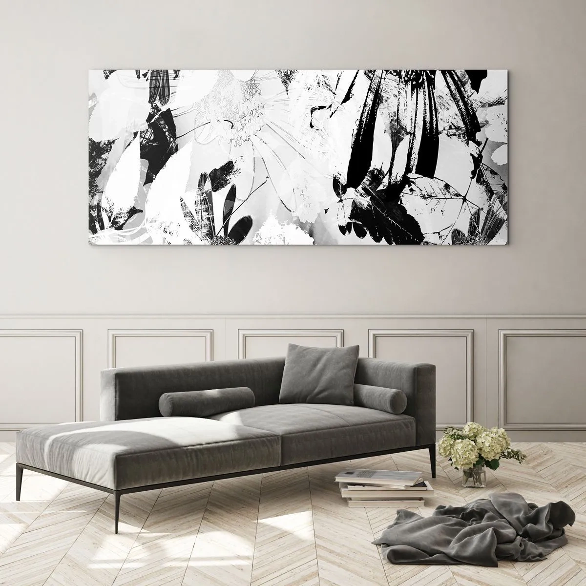 Glasbild - Bild auf glas - Schwarz-weiße abstrakte Blumen im minimalistischen Stil - 120x50cm - Herbst negativ - Moderne Wanddekoration für Wohnzimmer und Schlafzimmer ARTTOR