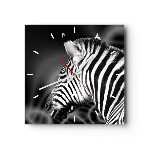 Wanduhr - Glasuhr - Schwarz-Weiß-Porträt eines Zebras vor einem Hintergrund abstrakter Muster. - 30x30cm - Weiß ist weiß und schwarz ist schwarz - Moderne Wanddekoration für Wohnzimmer und Schlafzimmer ARTTOR