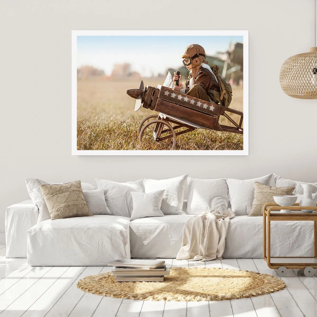 Poster - Ein Kind in einem Spielzeugflugzeug mit einem Feld im Hintergrund - 100x70cm - Start in Richtung eines Traums - Moderne Wanddekoration für Wohnzimmer und Schlafzimmer ARTTOR