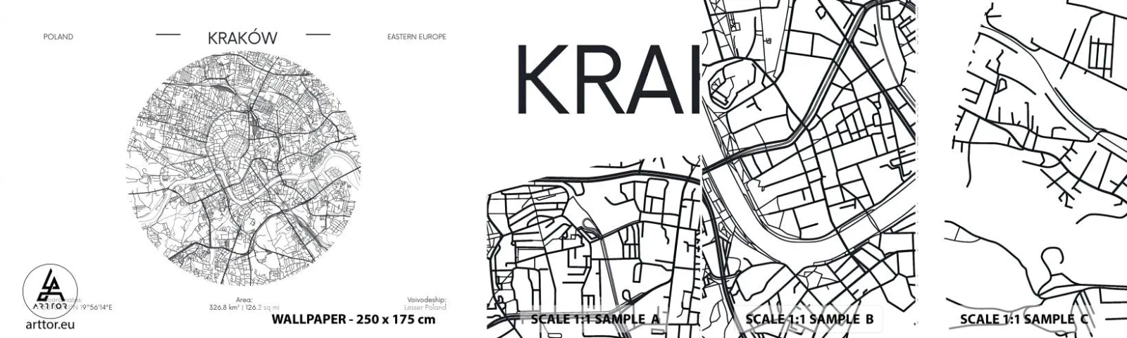 Fototapetenmuster Standard Eco - Anatomie von Krakau - Karte, Krakau, Polen - 100x30 cm