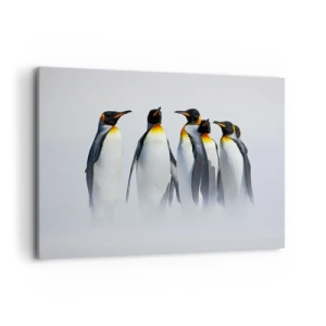 Bild auf Leinwand - Leinwandbild - Eine Gruppe Kaiserpinguine im Winternebel - 120x80cm - Treffen in Abendkleidern - Moderne Wanddekoration für Wohnzimmer und Schlafzimmer ARTTOR