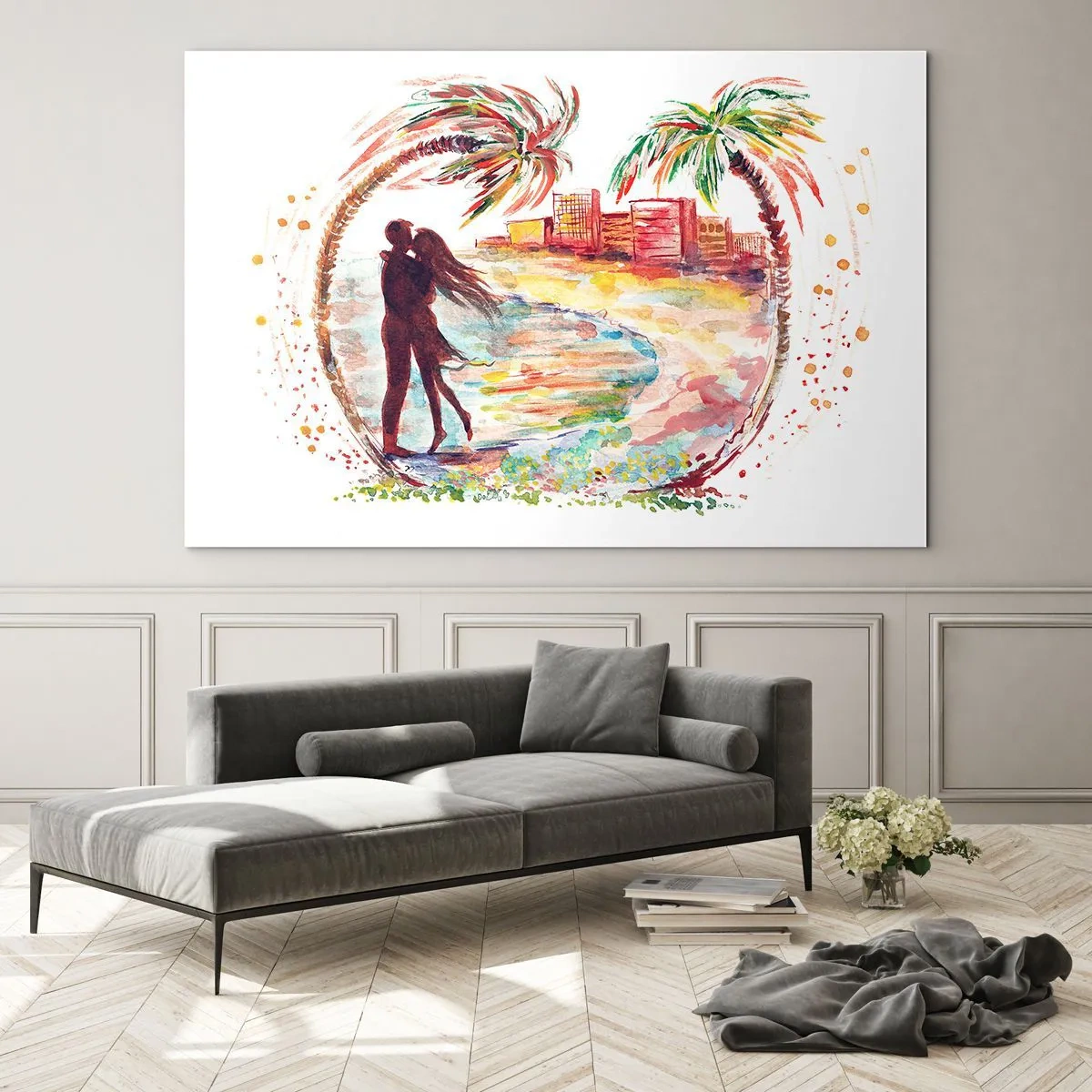 Glasbild - Bild auf glas - Romantisches Paar in tropischer Umgebung mit Palmen - 70x50cm - Romantischer Urlaub - Moderne Wanddekoration für Wohnzimmer und Schlafzimmer ARTTOR