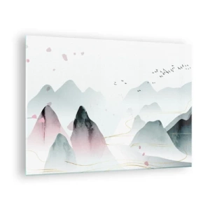 Glasbild - Bild auf glas - Pastellfarbene Berge mit einem Schwarm fliegender Vögel und goldenen Linien - 70x50cm - Über die Gipfel - Moderne Wanddekoration für Wohnzimmer und Schlafzimmer ARTTOR