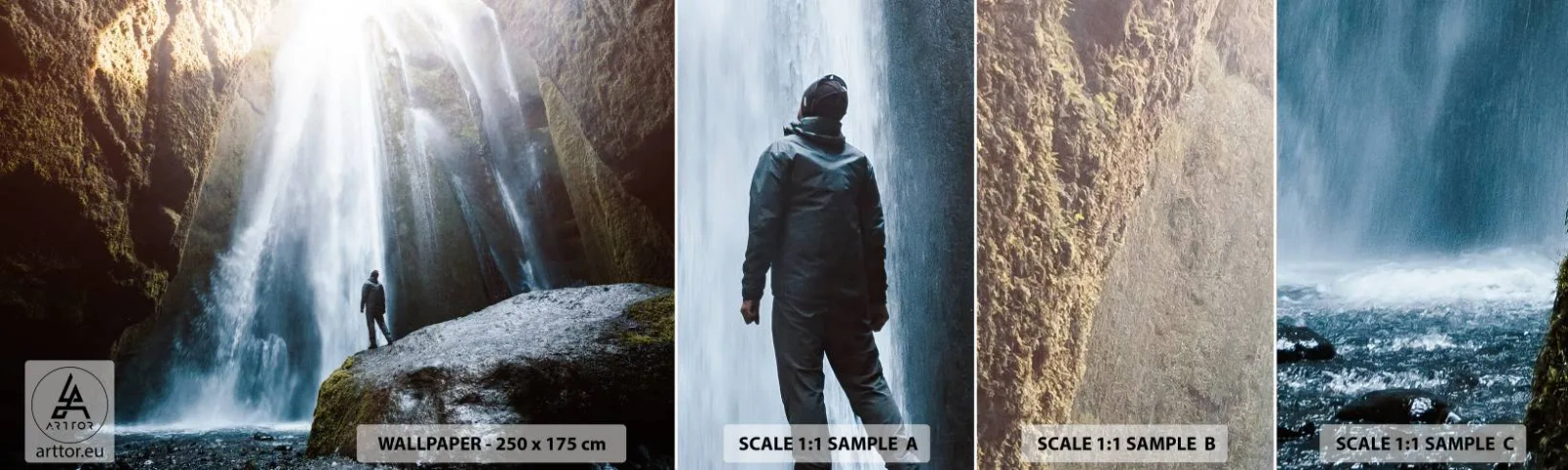 Fototapeten Muster Selbstklebend Deluxe Sticker - Wiederherstellung der Proportionen - Wasserfall, Felsen, Höhle - 100x30 cm