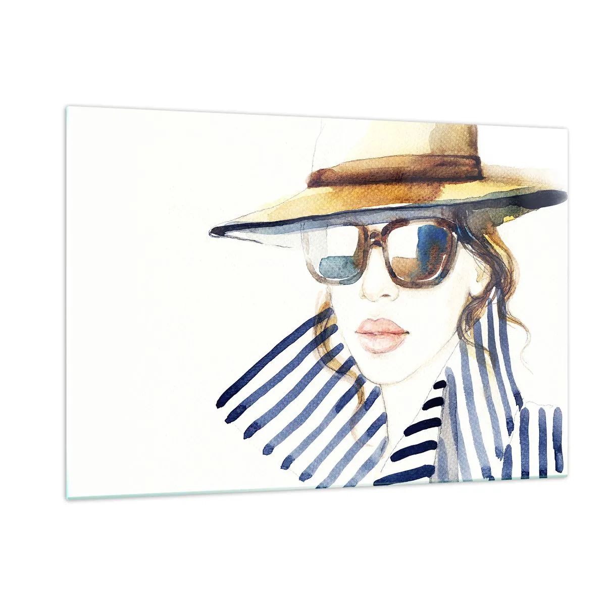 Glasbild - Bild auf glas - Stilvolle Frau mit Hut und Brille im Aquarellstil - 120x80cm - Florida heißt Sie willkommen! - Moderne Wanddekoration für Wohnzimmer und Schlafzimmer ARTTOR
