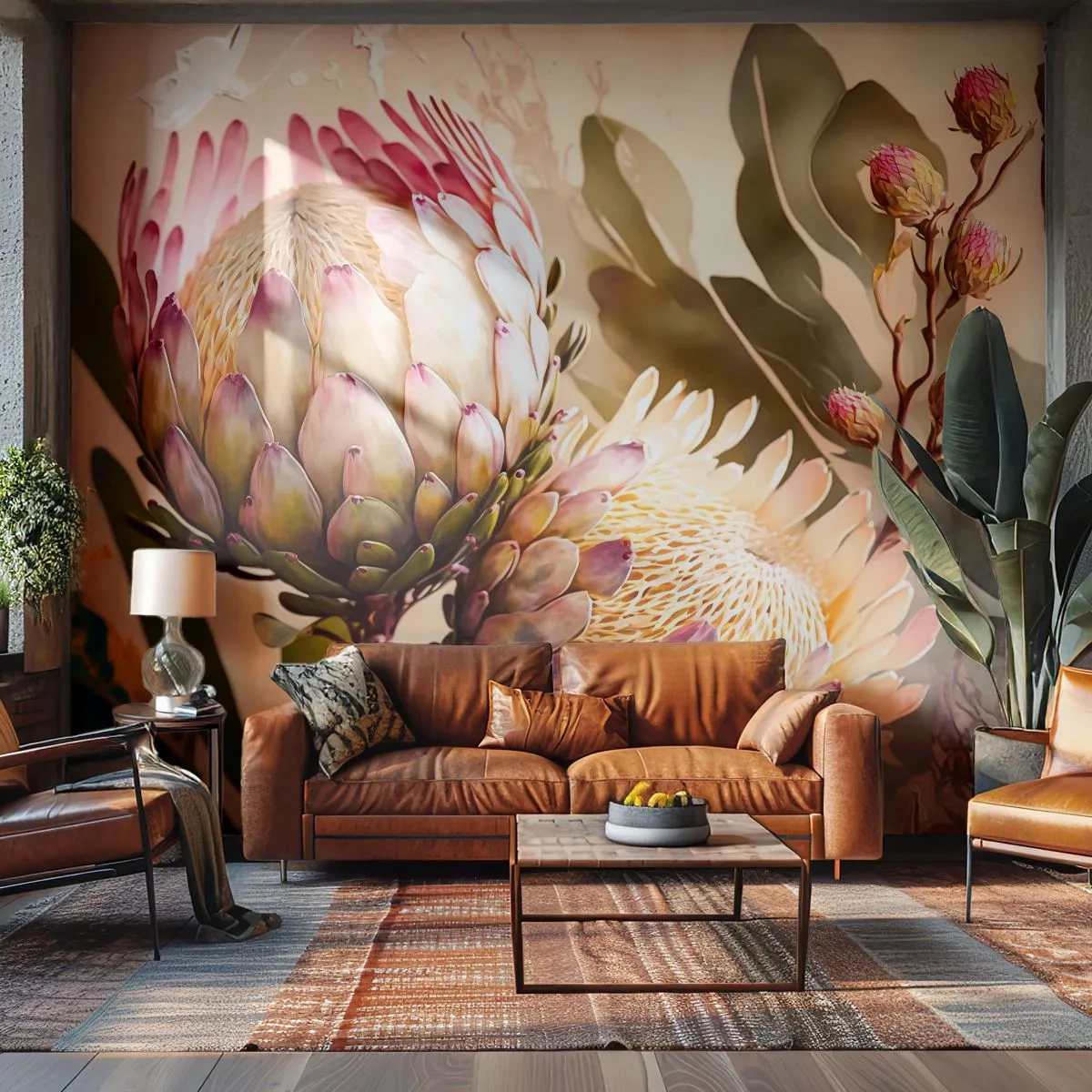 Fototapete Premium Sand - Zwei Protea-Blüten in einem Pastell-Aquarell-Stil - 100x70cm - Zärtlich umarmt - Moderne Wanddekoration für Wohnzimmer und Schlafzimmer ARTTOR
