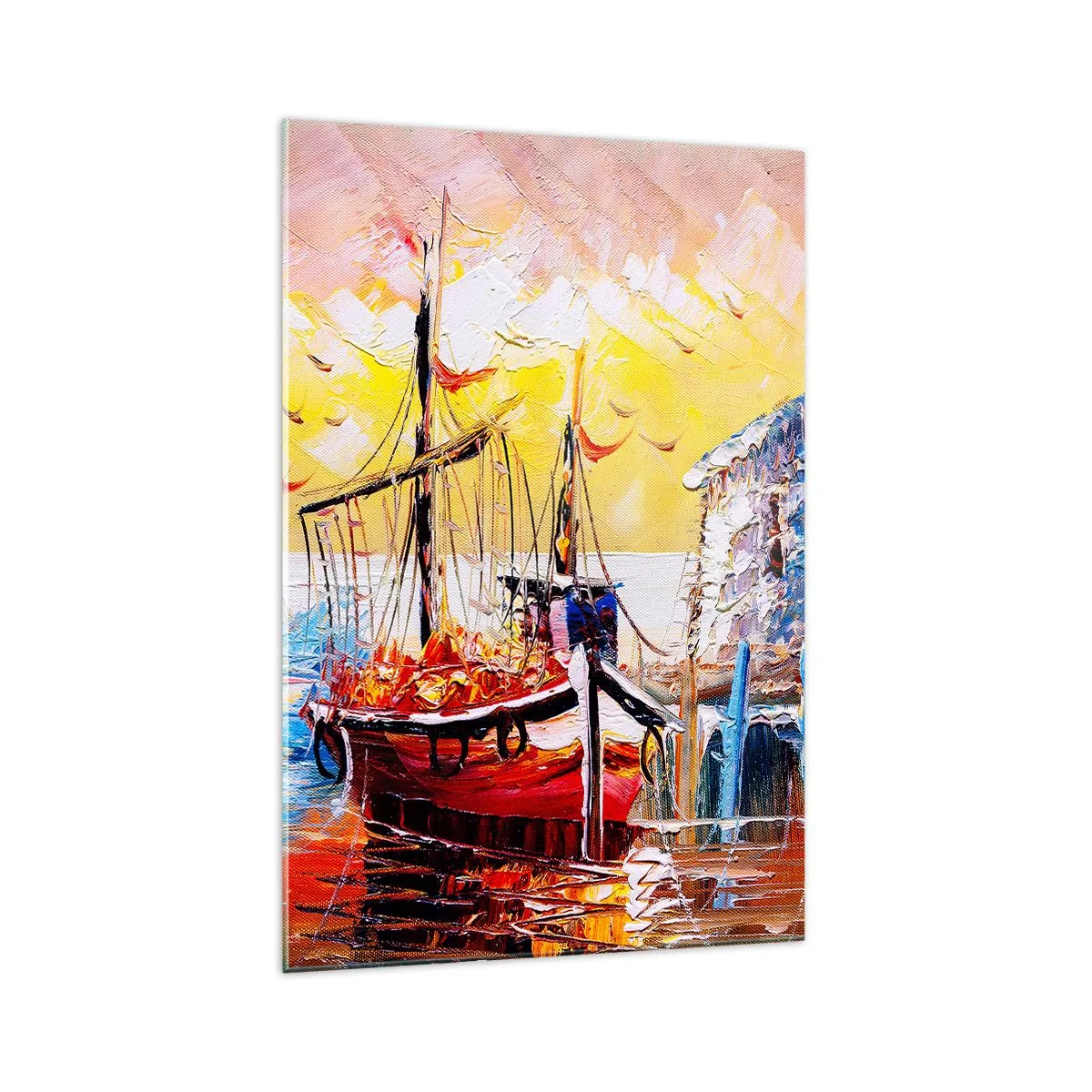 Glasbild - Bild auf glas - Malerischer Hafen bei Sonnenuntergang mit Fischerbooten - 70x100cm - Glückliche Rückkehr - Moderne Wanddekoration für Wohnzimmer und Schlafzimmer ARTTOR