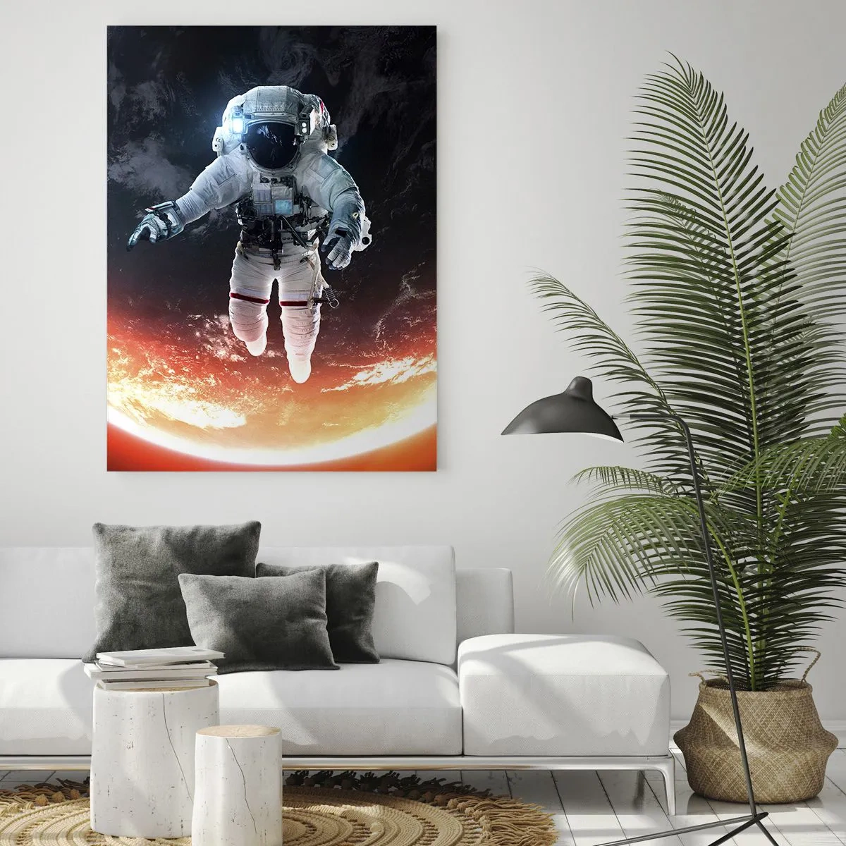 Glasbild - Bild auf glas - Ein Astronaut schwebt über einer sonnenbeschienenen Erde - 80x120cm - Kann ich noch eine Weile bleiben? - Moderne Wanddekoration für Wohnzimmer und Schlafzimmer ARTTOR