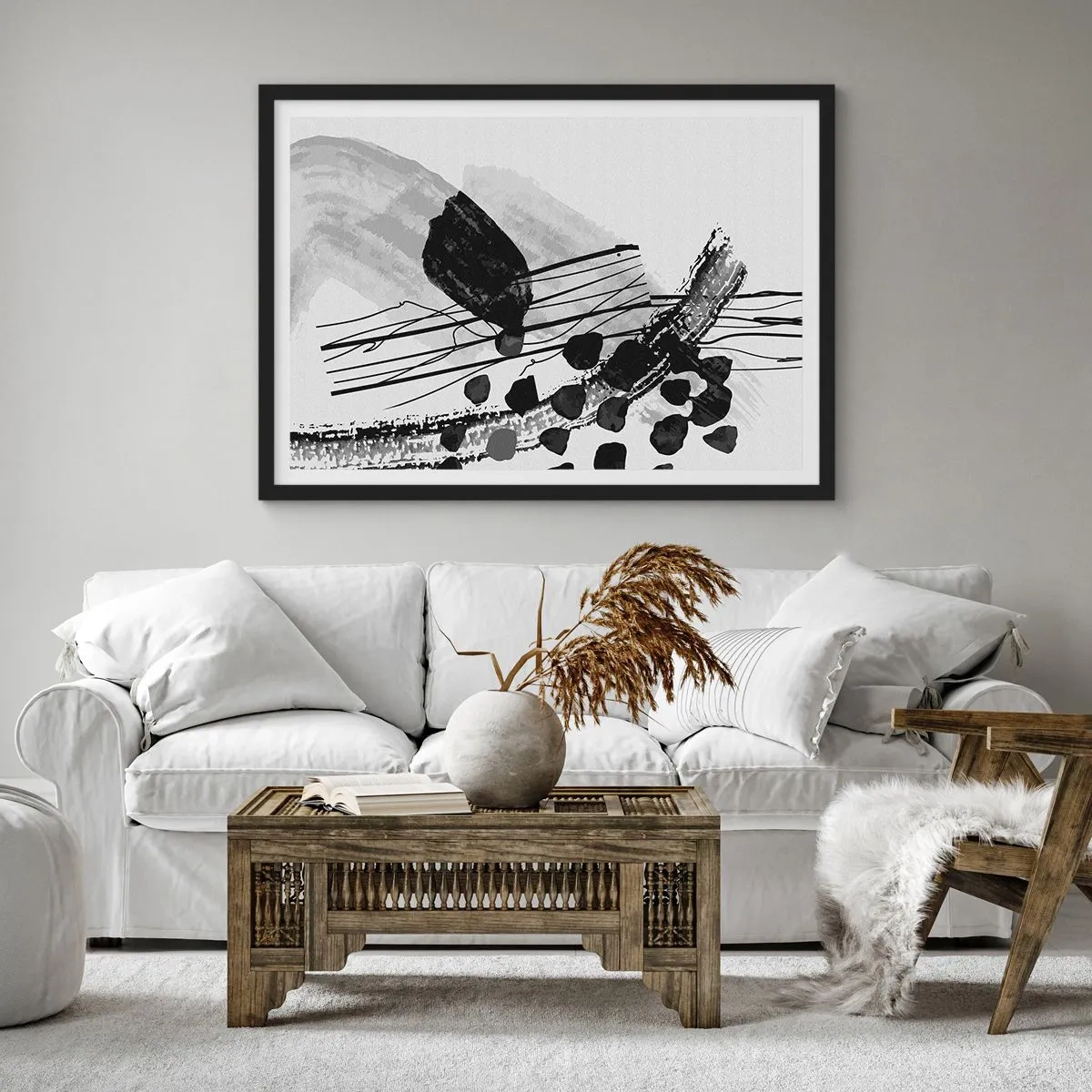 Poster in einem schwarzem Rahmen - Schwarz-weiße abstrakte Komposition mit organischen Formen - 70x50cm - Organische Schwarz-Weiß-Abstraktion - Moderne Wanddekoration für Wohnzimmer und Schlafzimmer ARTTOR