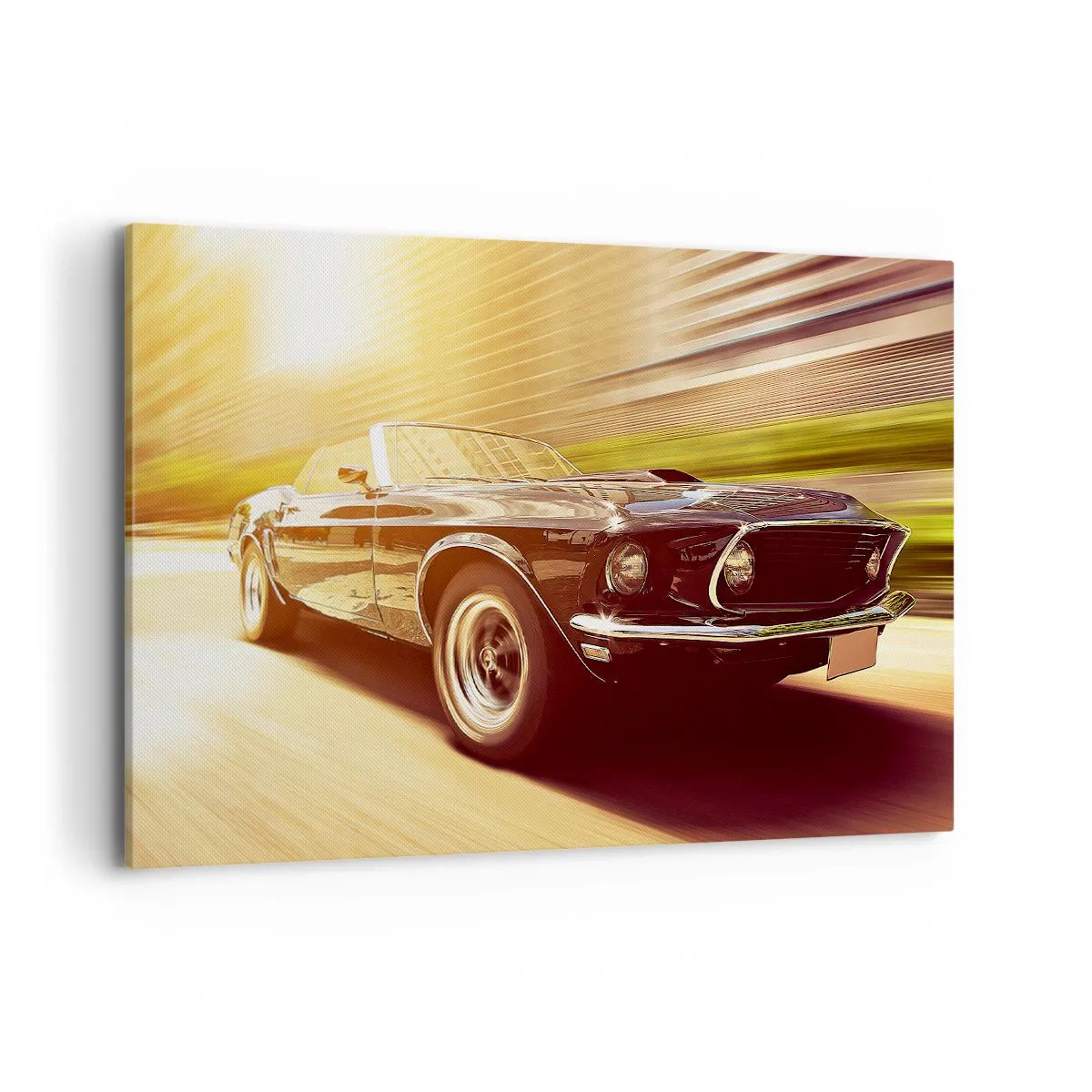 Bild auf Leinwand - Leinwandbild - Ein Oldtimer in Bewegung vor urbaner Kulisse - 100x70cm - 1967 - die Legende kehrt zurück - Moderne Wanddekoration für Wohnzimmer und Schlafzimmer ARTTOR