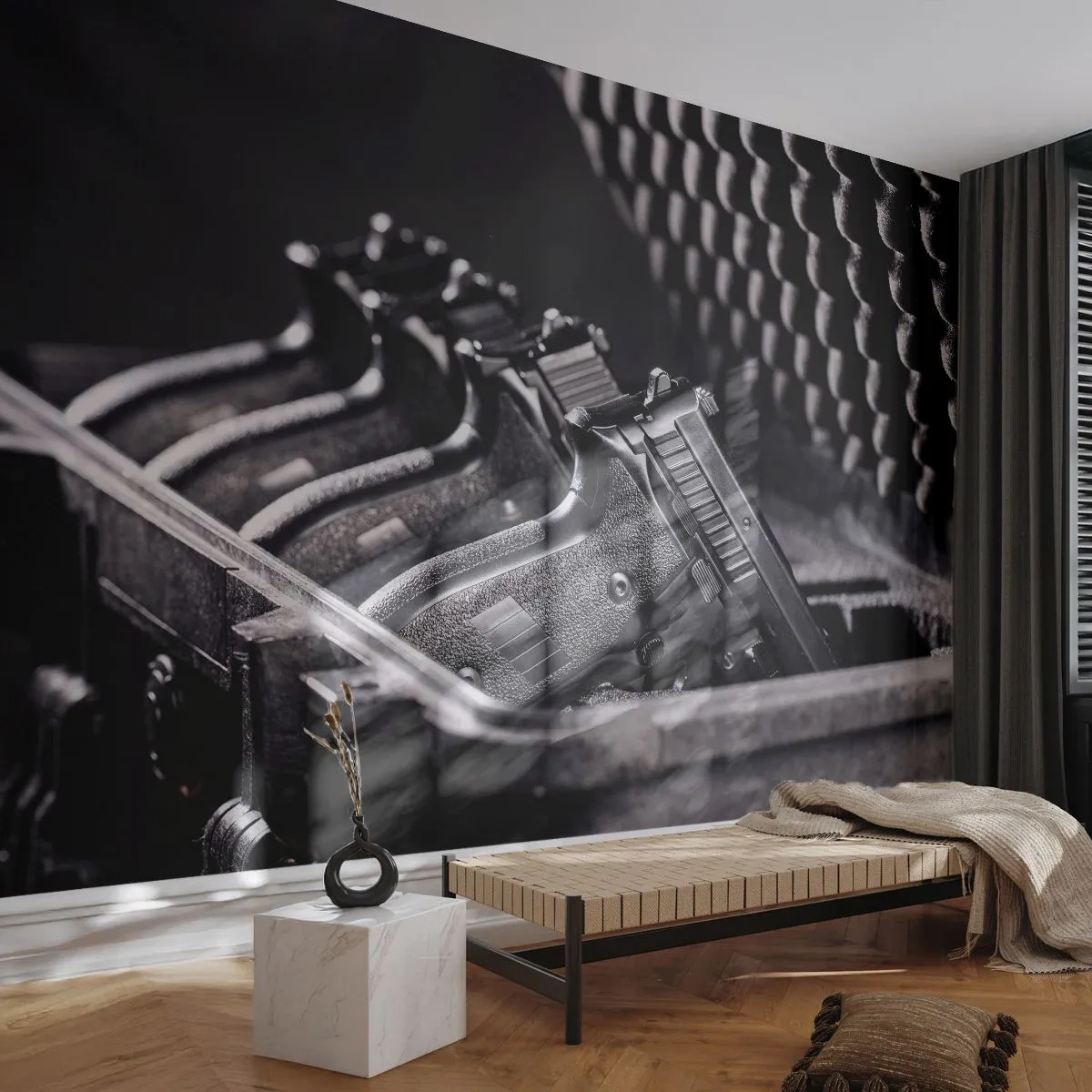Fototapete Premium Sand - Schwarze Pistolen im Schutzkoffer mit Schaumstoff-Innenausstattung - 100x70cm - Männersport - Moderne Wanddekoration für Wohnzimmer und Schlafzimmer ARTTOR