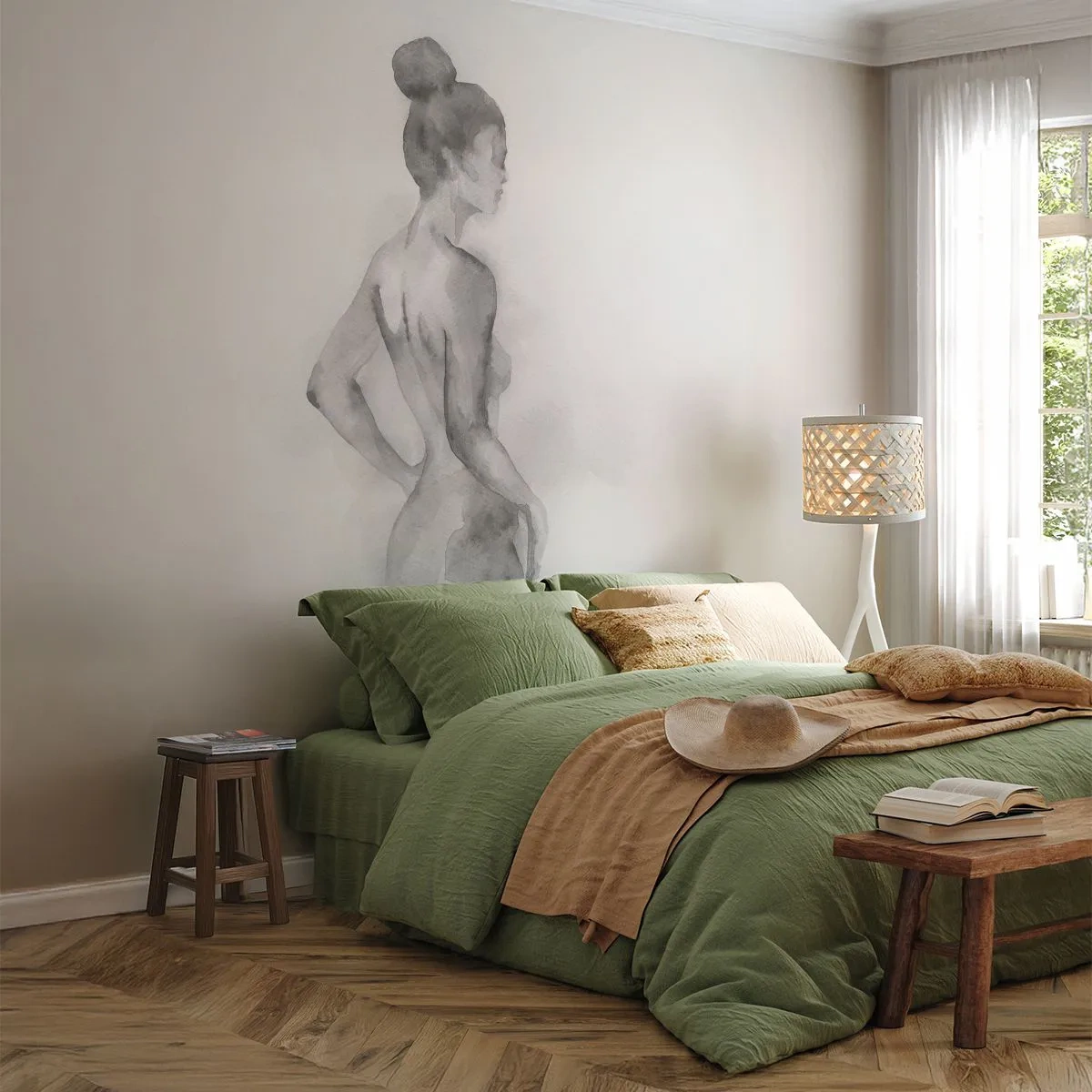 Fototapete Premium Sand - Schwarz-weiße Silhouette einer Frau im Aquarellstil - 100x70cm - Schön wie ein Gemälde - Moderne Wanddekoration für Wohnzimmer und Schlafzimmer ARTTOR