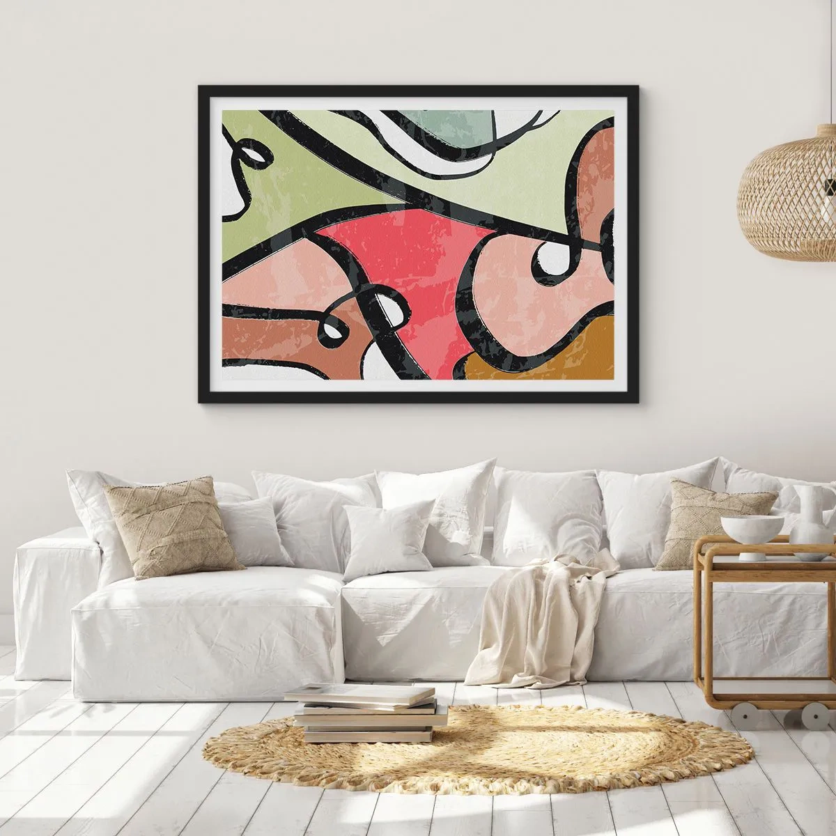 Poster in einem schwarzem Rahmen - Bunte abstrakte Formen mit schwarzen Linien - 70x50cm - Pirouetten unter Farben - Moderne Wanddekoration für Wohnzimmer und Schlafzimmer ARTTOR