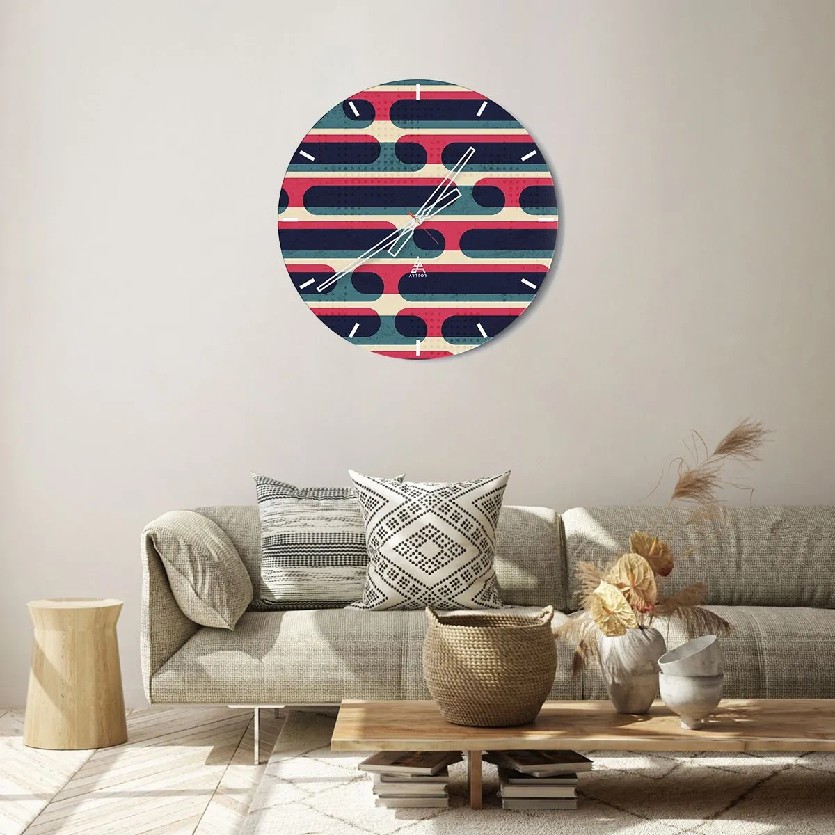 Wanduhr - Glasuhr - Abstraktes Retro-Muster mit bunten Streifen - 30x30cm - In die Tiefe und vorwärts - Moderne Wanddekoration für Wohnzimmer, Küche und Schlafzimmer ARTTOR