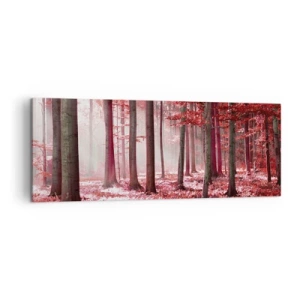 Bild auf Leinwand - Leinwandbild - Ein atemberaubender Wald in roten Farbtönen mit Lichtstrahlen, die durch die Bäume dringen - 140x50cm - Rot ist genauso schön - Moderne Wanddekoration für Wohnzimmer und Schlafzimmer ARTTOR