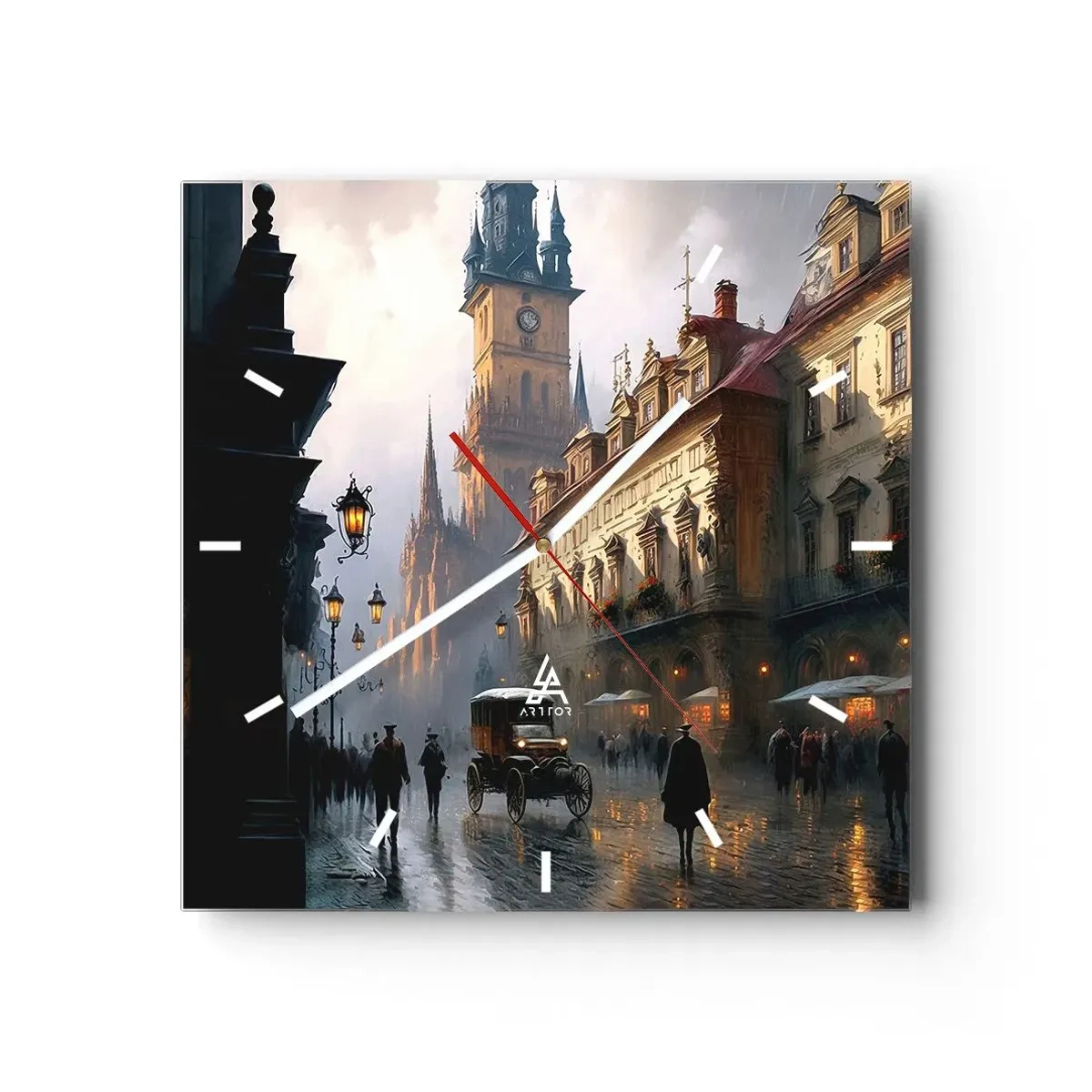 Wanduhr - Glasuhr - Abendliche Straßenszene mit historischer Architektur - 30x30cm - Charme eines Prager Abends - Moderne Wanddekoration für Wohnzimmer und Schlafzimmer ARTTOR