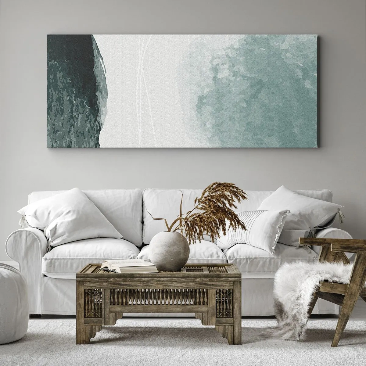 Bild auf Leinwand - Leinwandbild - Eine zarte abstrakte Komposition in Grüntönen mit subtilen Formen auf hellem Hintergrund. - 140x50cm - Begegnung mit Nebel - Moderne Wanddekoration für Wohnzimmer und Schlafzimmer ARTTOR