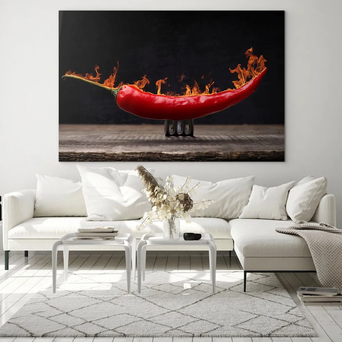 Glasbild - Bild auf glas - Brennende rote Chilischote auf schwarzem Hintergrund - 70x50cm - Eine feurige Vorspeise - Moderne Wanddekoration für Wohnzimmer und Schlafzimmer ARTTOR