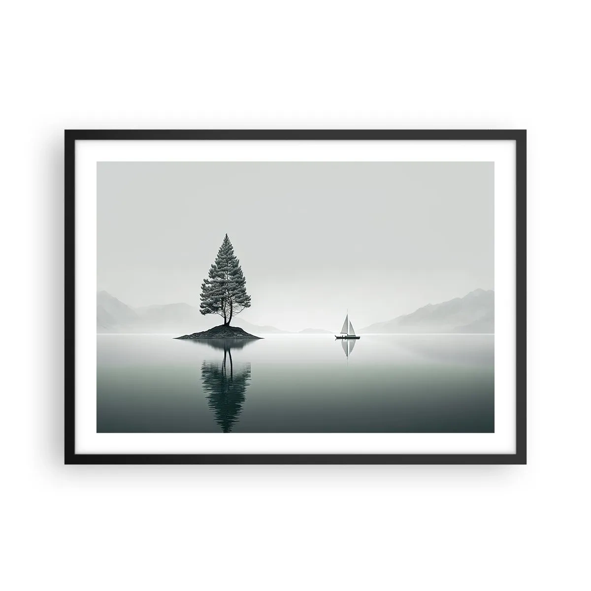 Poster in einem schwarzem Rahmen - Eine minimalistische Landschaft mit einem Baum auf einer Insel und einem Segelboot. - 70x50cm - Traum - Moderne Wanddekoration für Wohnzimmer und Schlafzimmer ARTTOR