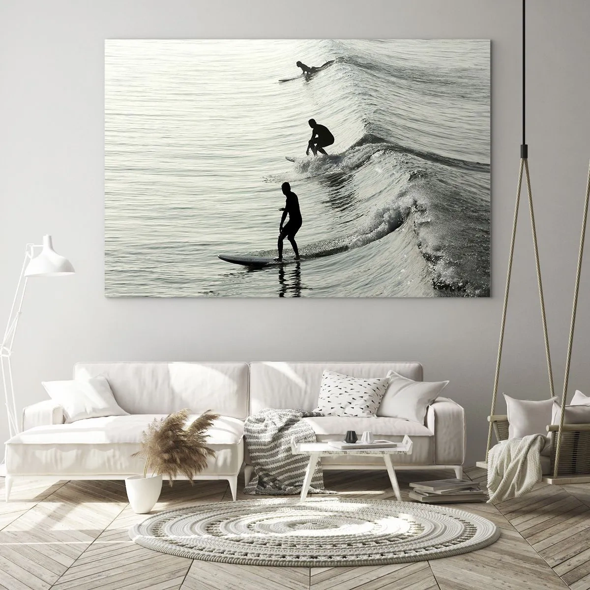Glasbild - Bild auf glas - Drei Surfer reiten morgens auf den Wellen - 120x80cm - Gegen die Welle - Moderne Wanddekoration für Wohnzimmer und Schlafzimmer ARTTOR