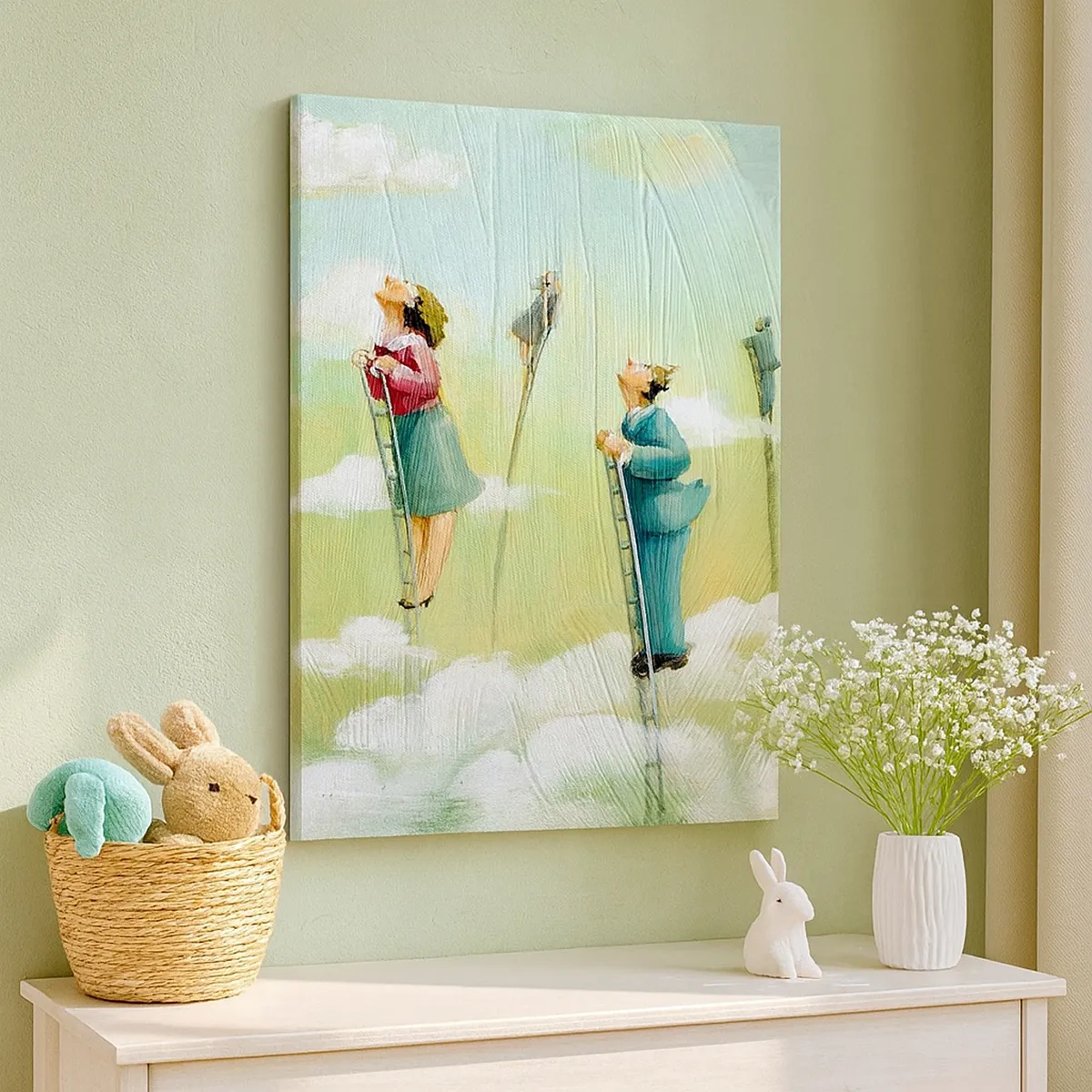 Bild auf Leinwand - Leinwandbild - Figuren, die auf pastellfarbenem Hintergrund zwischen Wolken Leitern hochklettern. - 50x70cm - Hinter deinem Traum - Moderne Wanddekoration für Wohnzimmer und Schlafzimmer ARTTOR